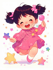 粉色星星特效穿粉色裙子拿着彩色棒棒糖开心笑的可爱卡通小女孩插画