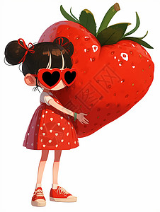 草莓女孩红色戴着墨镜的可爱卡通小女孩抱着大大的草莓插画