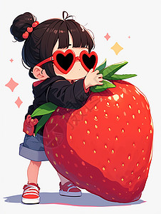 戴着桃心墨镜的可爱卡通女孩抱着大大的草莓高清图片