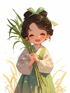 青麻椒抱着青麦子在麦子地中古风装扮卡通女孩插画