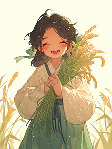 卡通青杏抱青麦子在麦子地中古风装扮卡通女孩插画