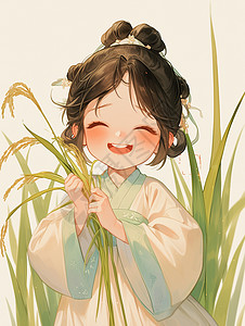 擦地小女孩抱着青麦子在麦子地中古风装扮卡通小女孩插画