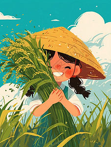 碎成一地戴着草帽抱着一抱麦子在麦子地中开心笑的卡通女孩插画