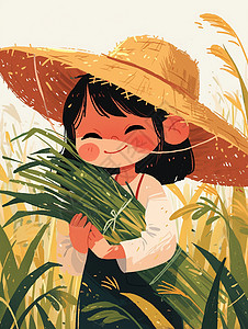 一地伤戴草帽抱着一抱麦子在麦子地中开心笑的卡通女孩插画