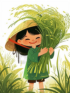 开心农民戴着草帽抱着一抱麦子在麦子地中笑的卡通女孩插画