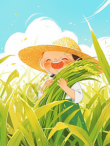 碎成一地戴着草帽抱着一抱麦子在麦子地中开心笑的卡通小女孩插画