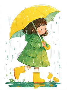 穿绿色雨衣打着雨伞的卡通女孩穿着雨鞋走在雨中高清图片