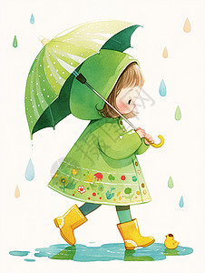 卡通雨靴黄色身穿绿色雨衣打着雨伞的卡通小女孩穿着雨鞋在雨中插画