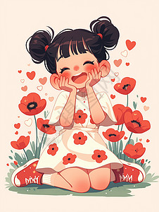 裙红子身穿红色花朵碎花裙笑的卡通小女孩插画