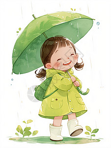 走在雨中身穿绿色雨衣的可爱卡通小女孩高清图片