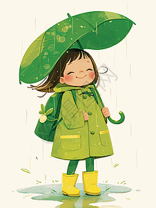 卡通雨靴走在雨中身穿绿色雨衣的可爱卡通女孩插画