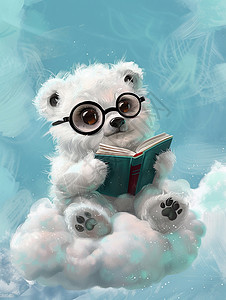 小熊在读书在云朵上开心看书的可爱卡通小白熊插画
