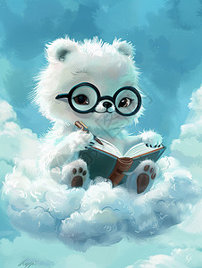 杜巴斯坐在云朵上开心看书的卡通小白熊插画