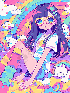 彩色挂面坐在彩虹云朵上乖巧可爱的长发卡通女孩插画