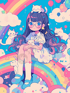 彩色粉笔画在彩虹云朵上乖巧可爱的长发卡通女孩插画