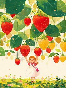 在草莓园中开心摘草莓的可爱卡通女孩高清图片
