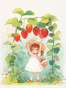 红色女孩插画在草莓园中开心摘草莓的可爱卡通小女孩插画
