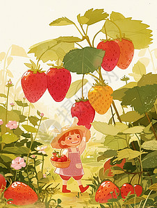 明清园草莓园中开心摘草莓的可爱卡通小女孩插画