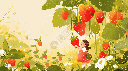 欢乐园在草莓园中摘草莓的可爱卡通小女孩插画