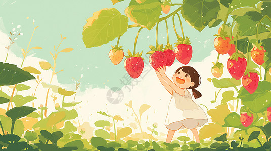 红色女孩插画在草莓园中开心摘草莓的卡通女孩插画