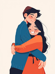 开心一对一对开心拥抱的卡通情侣插画