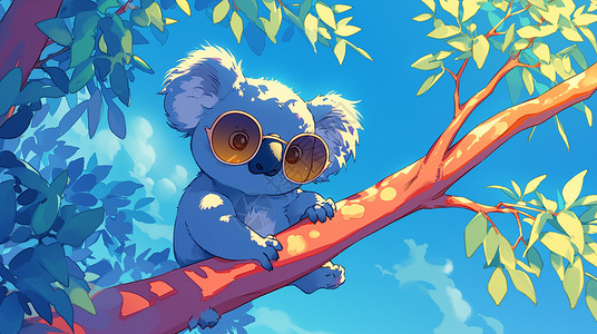 戴着炫彩墨镜在爬树的卡通树袋熊插画