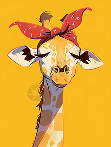 戴红色波点发带的可爱卡通长颈鹿高清图片
