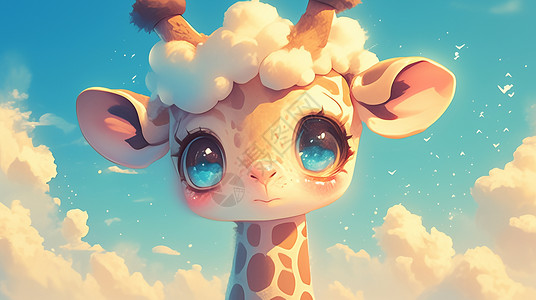 头上有云朵的可爱的卡通长颈鹿高清图片