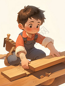 一段木头身穿蓝色背带裤正在干活的卡通木匠插画