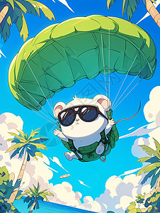 小白鼠实验戴着墨镜开心玩降落伞的卡通老鼠插画