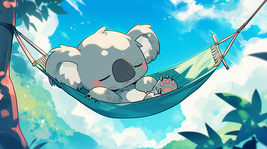 坐床上悠闲的躺在吊床上睡觉的可爱卡通树袋熊插画
