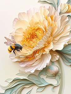 纸飞起来盛开的牡丹花上飞着一只可爱的卡通小蜜蜂插画