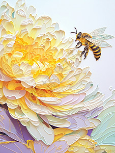 立体风中秋节背景牡丹花上飞着一只可爱的卡通小蜜蜂插画