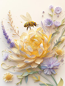 纸上烤翅盛开的牡丹花上飞着一只可爱的卡通蜜蜂插画