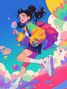 彩色小图标背书包拿着大大的彩色棒棒糖的可爱卡通小女孩插画