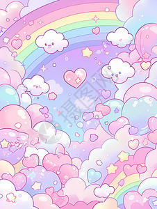 彩虹粉梦幻的天空各种爱心云朵一道美丽的彩虹卡通插画插画