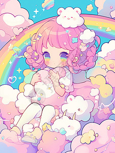 短头发粉色头发可爱的卡通女孩坐在云朵上插画
