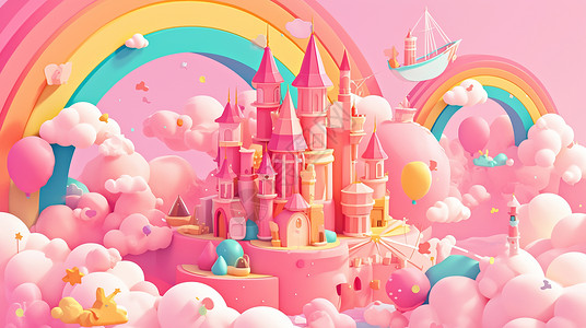 公主粉云朵间彩虹下梦幻唯美的卡通粉色城堡插画