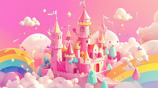 公主粉云朵间彩虹下梦幻的卡通粉色城堡插画