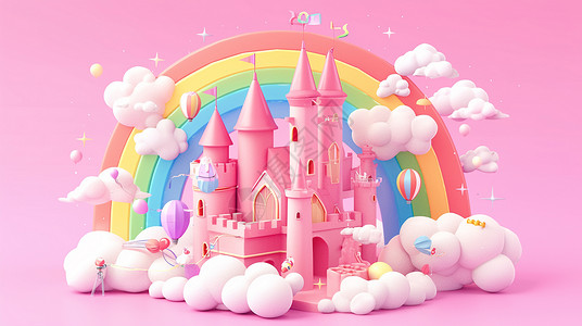 立体箭头粉色云朵间彩虹下唯美的卡通粉色城堡插画