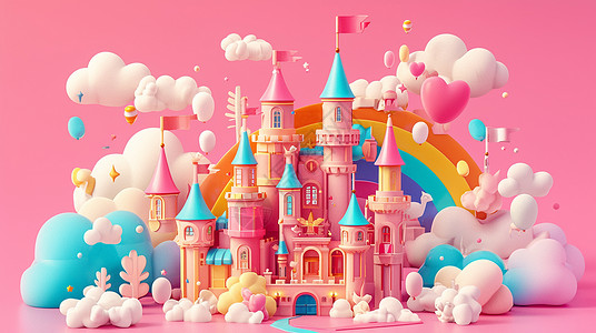 唯美粉色月季花彩虹下梦幻唯美的卡通粉色城堡插画