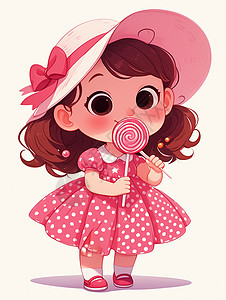 彩色女孩戴着大大的遮阳帽手拿彩色棒棒糖穿粉色连衣裙的卡通小女孩插画