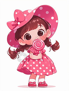 可爱拿花小女孩戴着大大的遮阳帽拿彩色棒棒糖穿粉色连衣裙的卡通小女孩插画