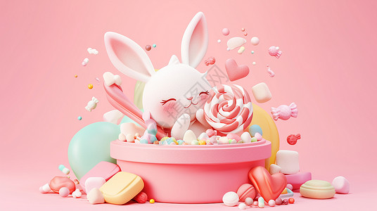 糖果体萌趣糖果体一只萌萌的可爱卡通小白兔在糖果盒子中插画