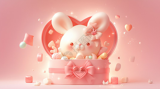 糖果体萌趣糖果体一只萌萌的卡通小白兔在糖果盒子中插画