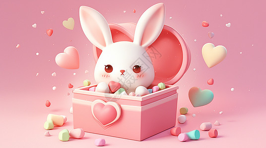 药盒子一只萌萌的可爱卡通白兔在糖果盒子中插画