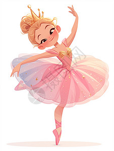 练舞的女孩身穿粉色蓬蓬裙优雅跳舞的可爱卡通小女孩插画
