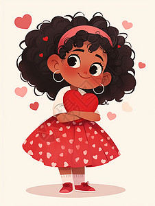 抱爱心女孩抱着红色爱心卷发可爱的卡通小女孩插画