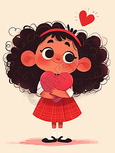 红色爱心卡通开心抱着爱心卷发可爱的卡通小女孩插画