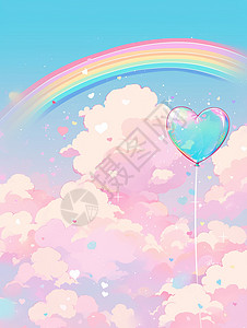 彩虹粉粉色梦幻唯美的天空上漂浮着爱心气球卡通场景插画